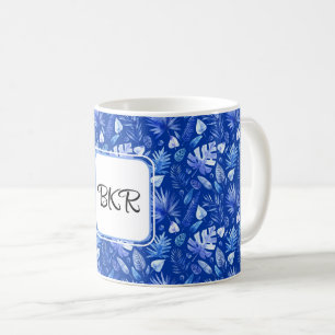 Monogram, Cobalt Blue Tropical Leaves Pattern 11oz Koffiemok