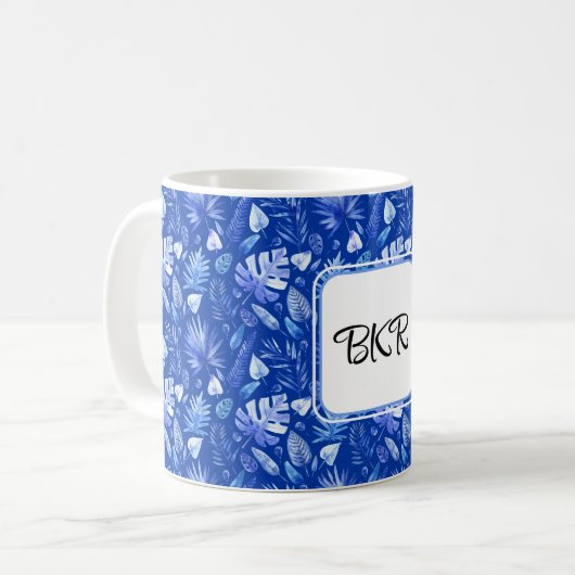 Monogram, Cobalt Blue Tropical Leaves Pattern 11oz Koffiemok (Voorkant links)