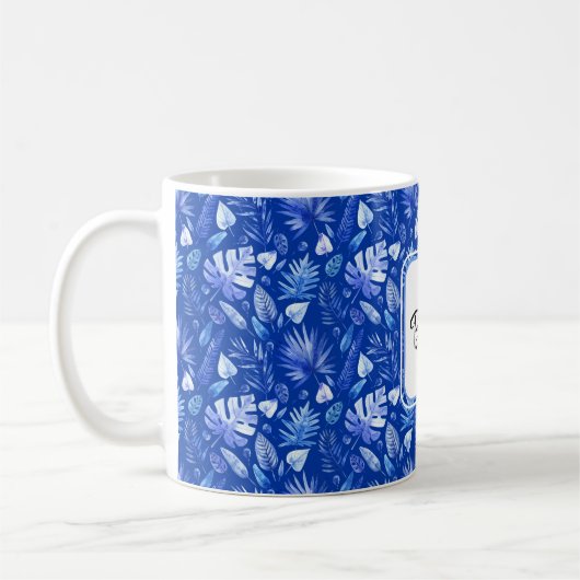 Monogram, Cobalt Blue Tropical Leaves Pattern 11oz Koffiemok (Links)