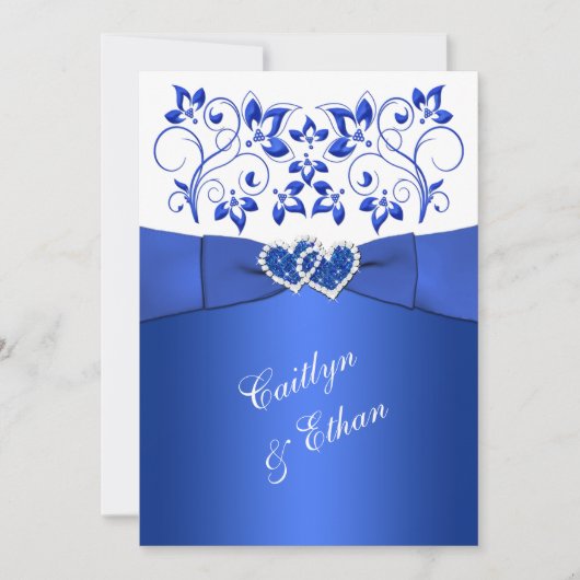 Monogram Cobalt Blue, White Floral Wedding Invite Kaart (Voorkant)