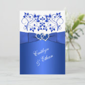 Monogram Cobalt Blue, White Floral Wedding Invite Kaart (Staand voorkant)