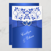 Monogram Cobalt Blue, White Floral Wedding Invite Kaart (Voorkant / Achterkant)