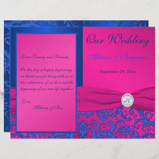 Monogram Cobalt en Fuchsia Damask Wedding Programm (Voorkant / Achterkant)