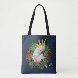 Monogram Cockatau Bird Tropical Flowers Stylish Tote Bag