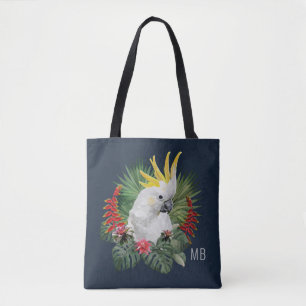 Monogram Cockatau Bird Tropical Flowers Stylish Tote Bag