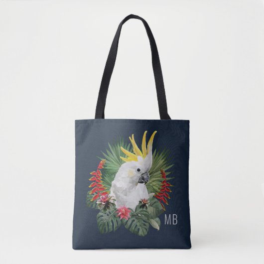 Monogram Cockatau Bird Tropical Flowers Stylish Tote Bag (Voorkant)