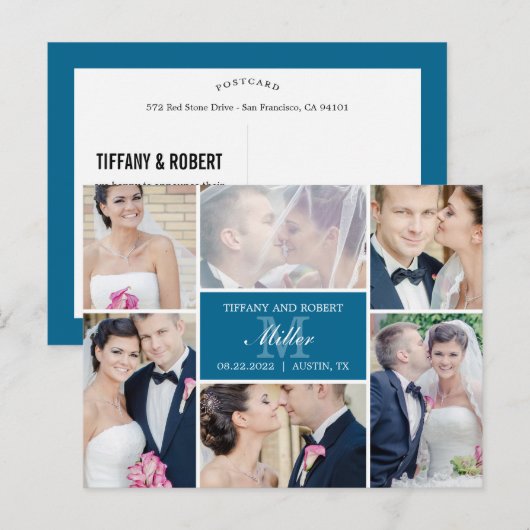 Monogram Collage Trouwaankondiging - Blauw Aankondigingskaart (Voorkant / Achterkant)