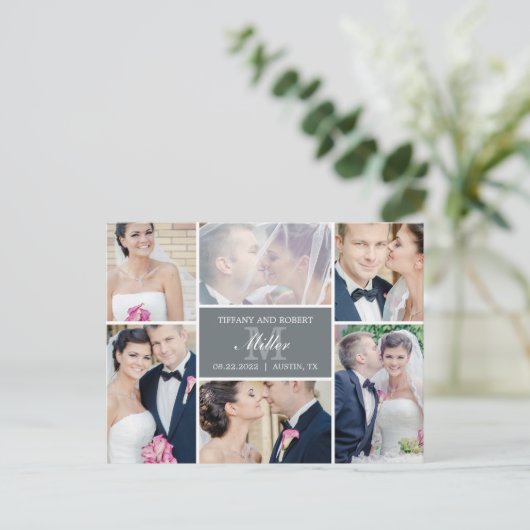 Monogram Collage Trouwaankondiging - Grijs Aankondigingskaart (Staand voorkant)