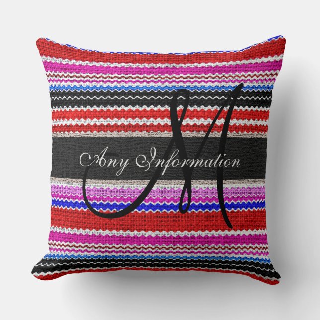 Monogram Colorful Chevron Stripes Burlap Rustic Kussen (Voorkant)