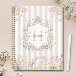 Monogram Colorful Floral Rococo Style Stripes Notitieboek
