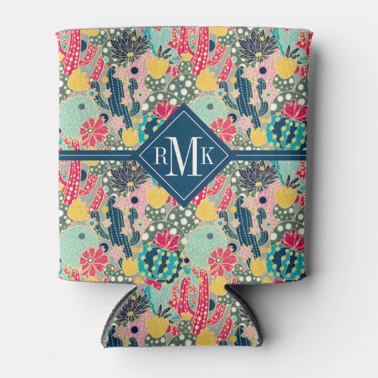 Monogram | Colorful Polka Dot Cactus Pattern Blikjeskoeler (Voorkant)