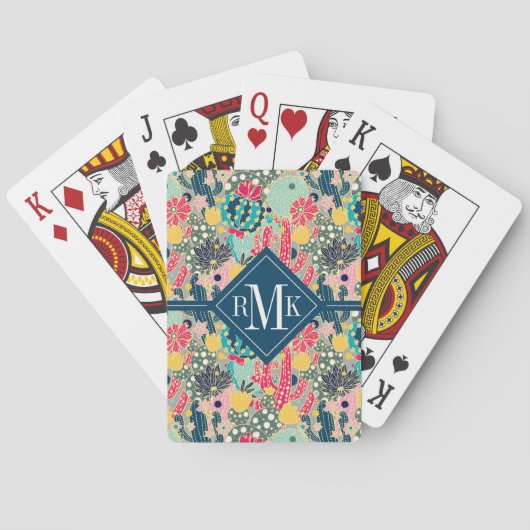 Monogram | Colorful Polka Dot Cactus Pattern Pokerkaarten (Achterkant)