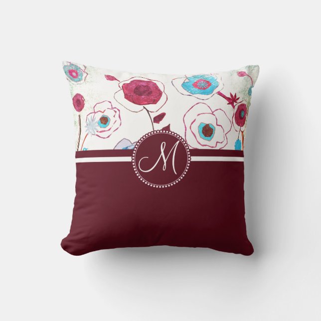 Monogram Colorful Spring Flowers Birds Mulberry Kussen (Voorkant)