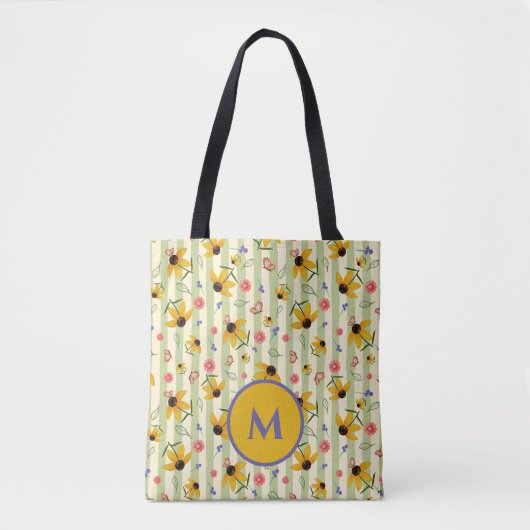 Monogram Coneflower Butterfly Floral Patterned Tote Bag (Voorkant)