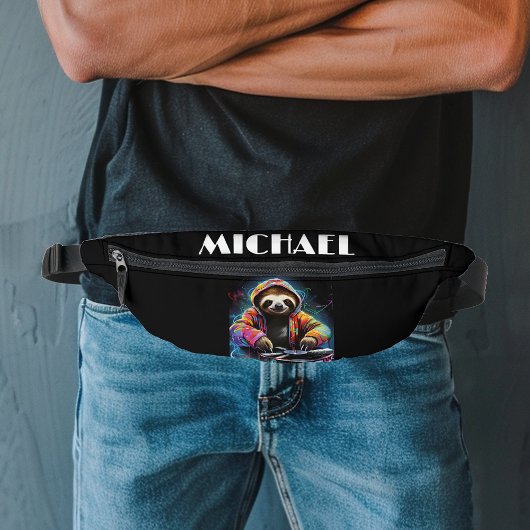 Monogram Cool Neon Retro DJ Sloth Heuptasje