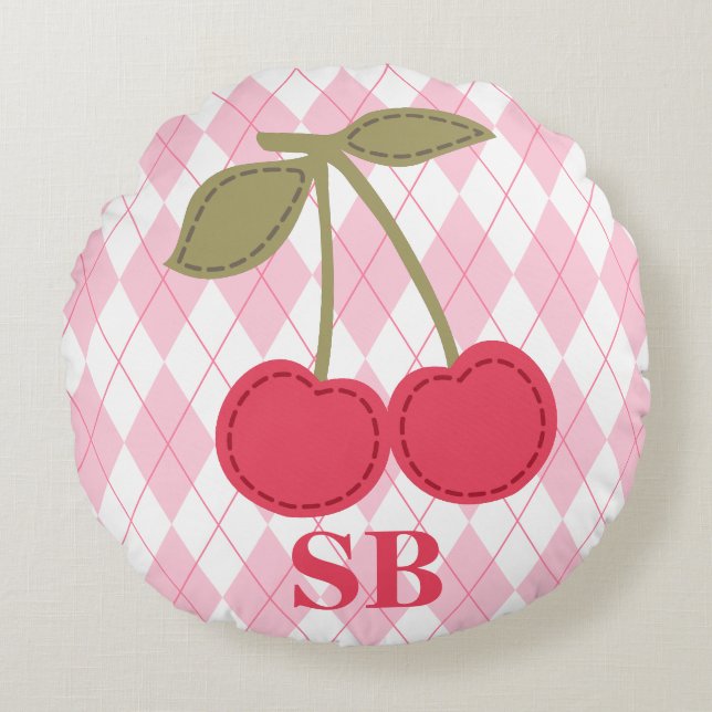 Monogram Coquette Cherry Roze Jacquard Rond Kussen (Voorkant)