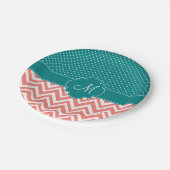 Monogram Coral Chevron met Blauwgroen Polka Dot Pa Papieren Bordje (Gekanteld)
