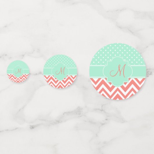 Monogram Coral Chevron met Mint Polka Dot Pattern Confetti (Achterkanten)