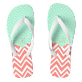 Monogram Coral Chevron met Mint Polka Dot Pattern Teenslippers (Voetbed)