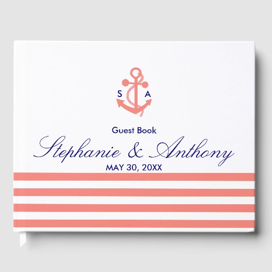 Monogram Coral Pink Nautical and Navy Blue Wedding Gastenboek (Voorkant)