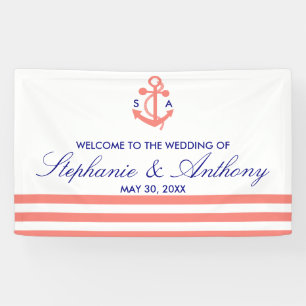 Monogram Coral Pink Nautical and Navy Blue Wedding Spandoek