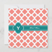 Monogram Coral Pink Quatrefoil Patroon met Blauwgr Kaart (Achterkant)