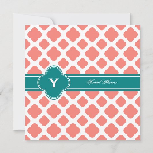 Monogram Coral Pink Quatrefoil Patroon met Blauwgr Kaart (Achterkant)