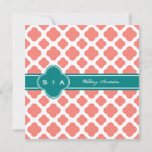 Monogram Coral Pink Quatrefoil Patroon met Blauwgr Kaart (Achterkant)