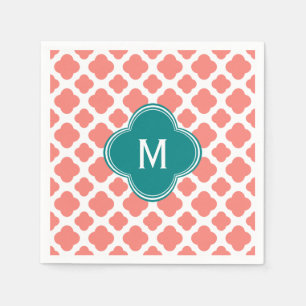 Monogram Coral Pink Quatrefoil Patroon met Blauwgr Servet