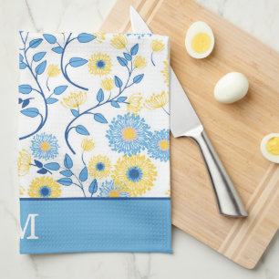 Monogram cornflower Blue en geel Floral Pattern Theedoek