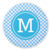 Monogram Country Chic Baby Blue Gingham Keramische Knop (Voorkant)