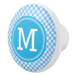 Monogram Country Chic Baby Blue Gingham Keramische Knop