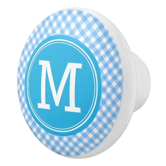 Monogram Country Chic Baby Blue Gingham Keramische Knop (Rechts)