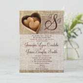 Monogram Country Wooden Hearts Burlap Wedding Kaart (Staand voorkant)