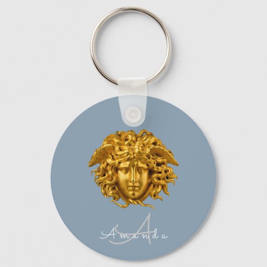 Monogram Couture Gold Medusa Masker Dusty Blue Sleutelhanger (Voorkant)