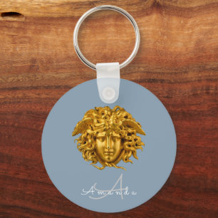 Monogram Couture Gouden Medusa Masker Stofblauw Sleutelhanger