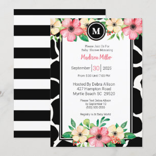 Monogram Cowprint Floral Baby shower Coral Yellow Kaart