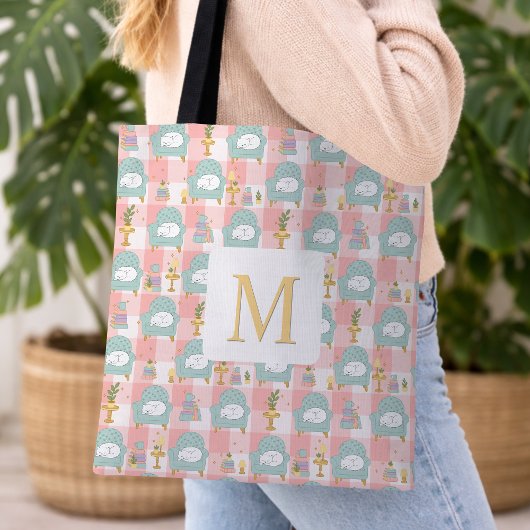 Monogram Cozy Cat & Book Tote Bag Girly Pink