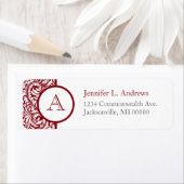 Monogram Cranberry Damask Return Address Labels (Insitu)