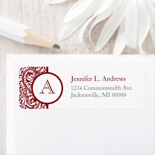 Monogram Cranberry Damask Return Address Labels (Insitu)