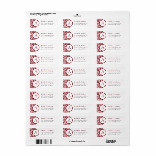 Monogram Cranberry Damask Return Address Labels (Full Sheet)