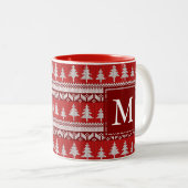 Monogram - Cranberry rood + wit Nordic Fir Bomen Tweekleurige Koffiemok (Voorkant rechts)
