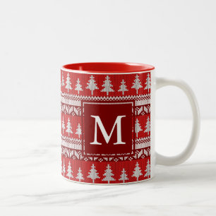 Monogram - Cranberry rood + wit Nordic Fir Bomen Tweekleurige Koffiemok