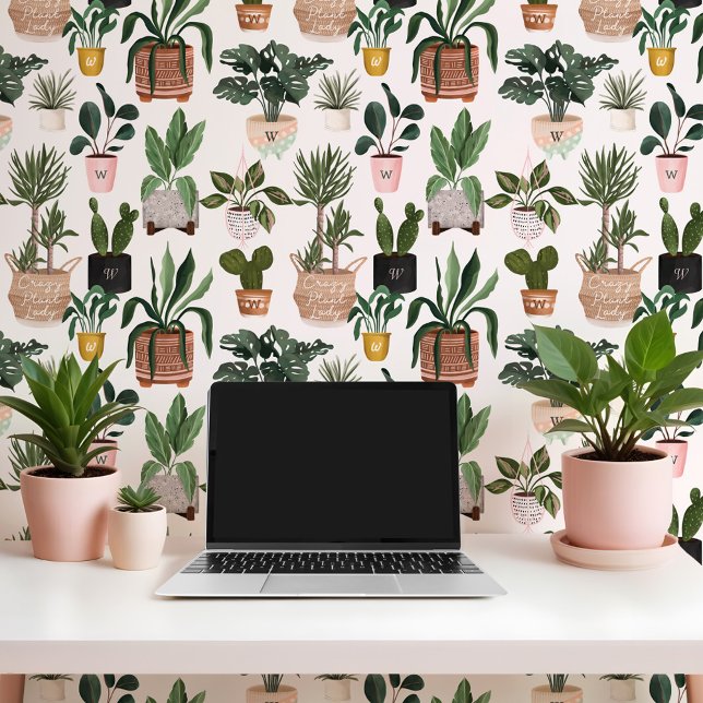 Monogram Crazy Plant Lady Waterverf Potted Planten Behang (Monogram Crazy Plant Lady Watercolor Potted Plants Wallpaper)