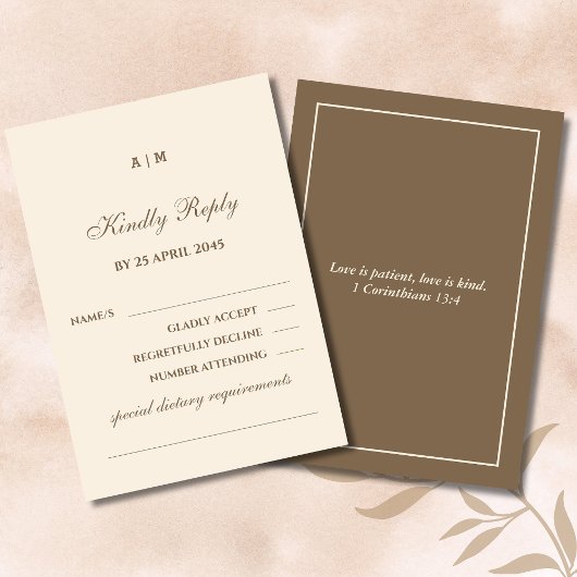Monogram Cream Brown Christian Wedding RSVP Card Kaartje