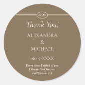 Monogram Cream Brown Christian Wedding Thank You Ronde Sticker (Voorkant)