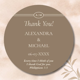 Monogram Cream Brown Christian Wedding Thank You Ronde Sticker
