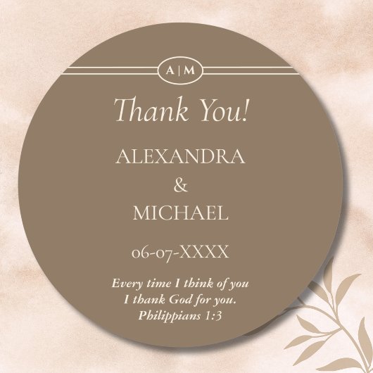 Monogram Cream Brown Christian Wedding Thank You Ronde Sticker