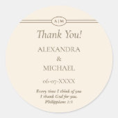 Monogram Cream Christian Wedding Thank You Ronde Sticker (Voorkant)