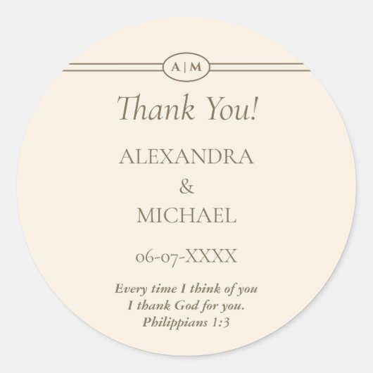 Monogram Cream Christian Wedding Thank You Ronde Sticker (Voorkant)